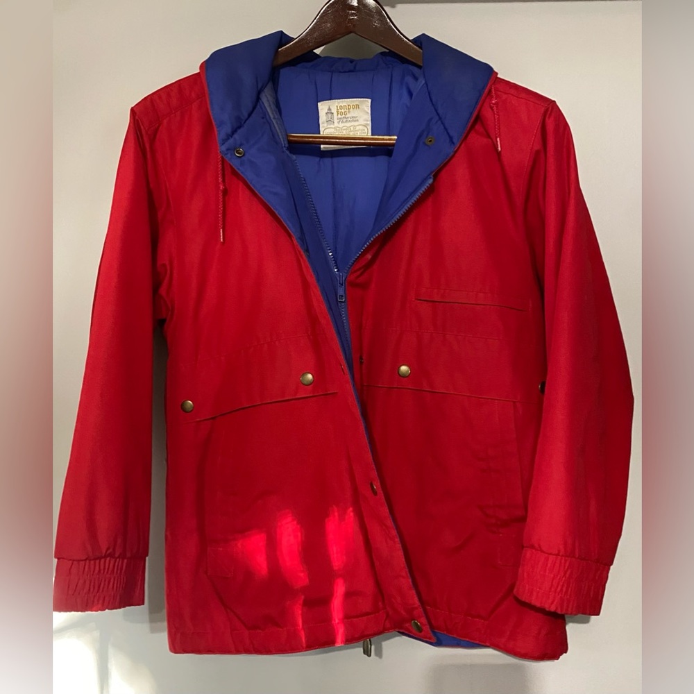 London Fog Red and Blue Rain Jacket Hidden Hood Size 8P